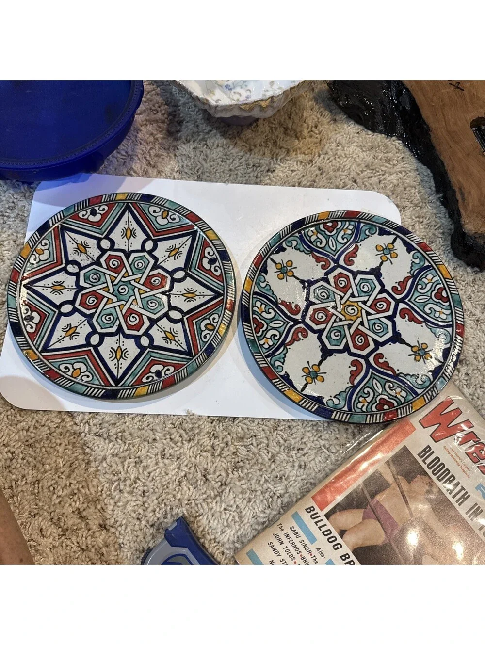 2- Vintage Moroccan FEZ Bowl Hand Painted Wall Hanging Plate 1-Signed